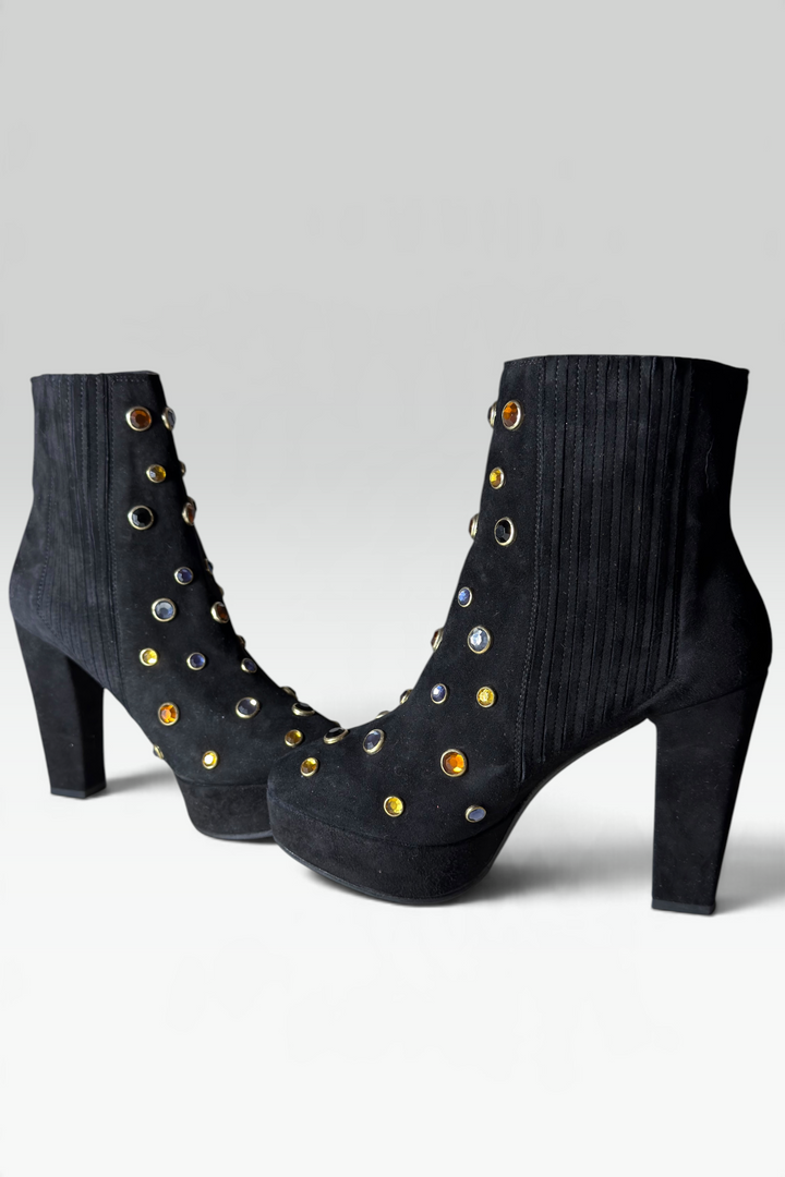 COMING SOON: SONIA RYKIEL BLACK SUEDE JEWELED PLATFORM ANKLE BOOTS | FRENCH SECONDHAND