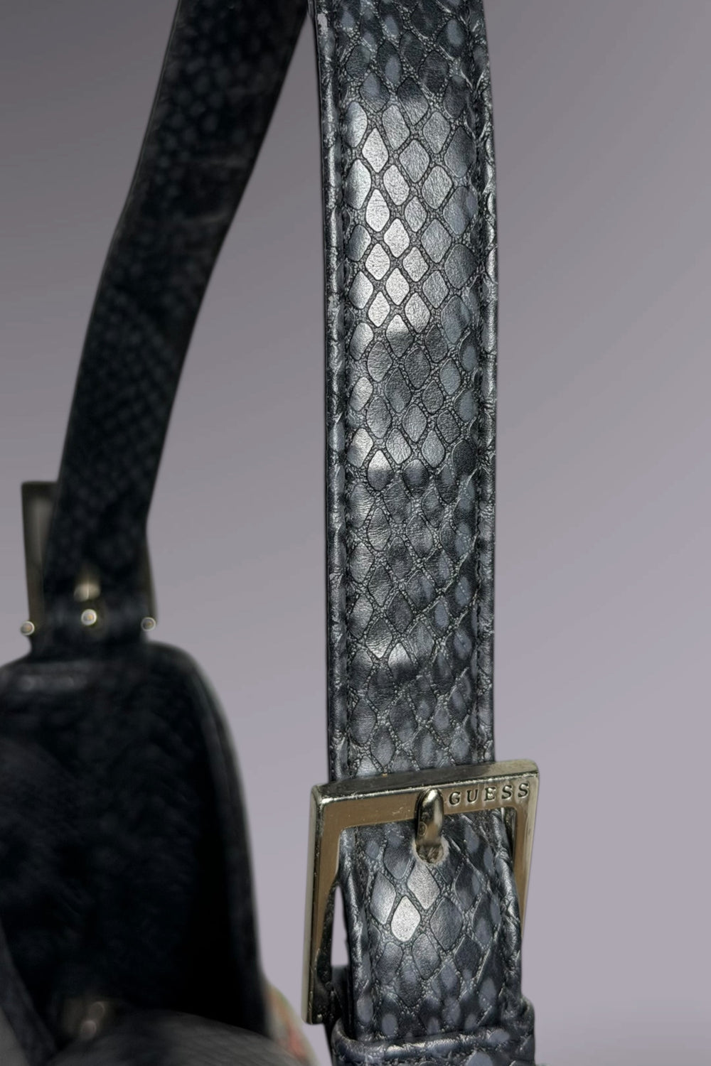 Guess Black Embroidered Python-Embossed Vegan Leather Bag | American Vintage