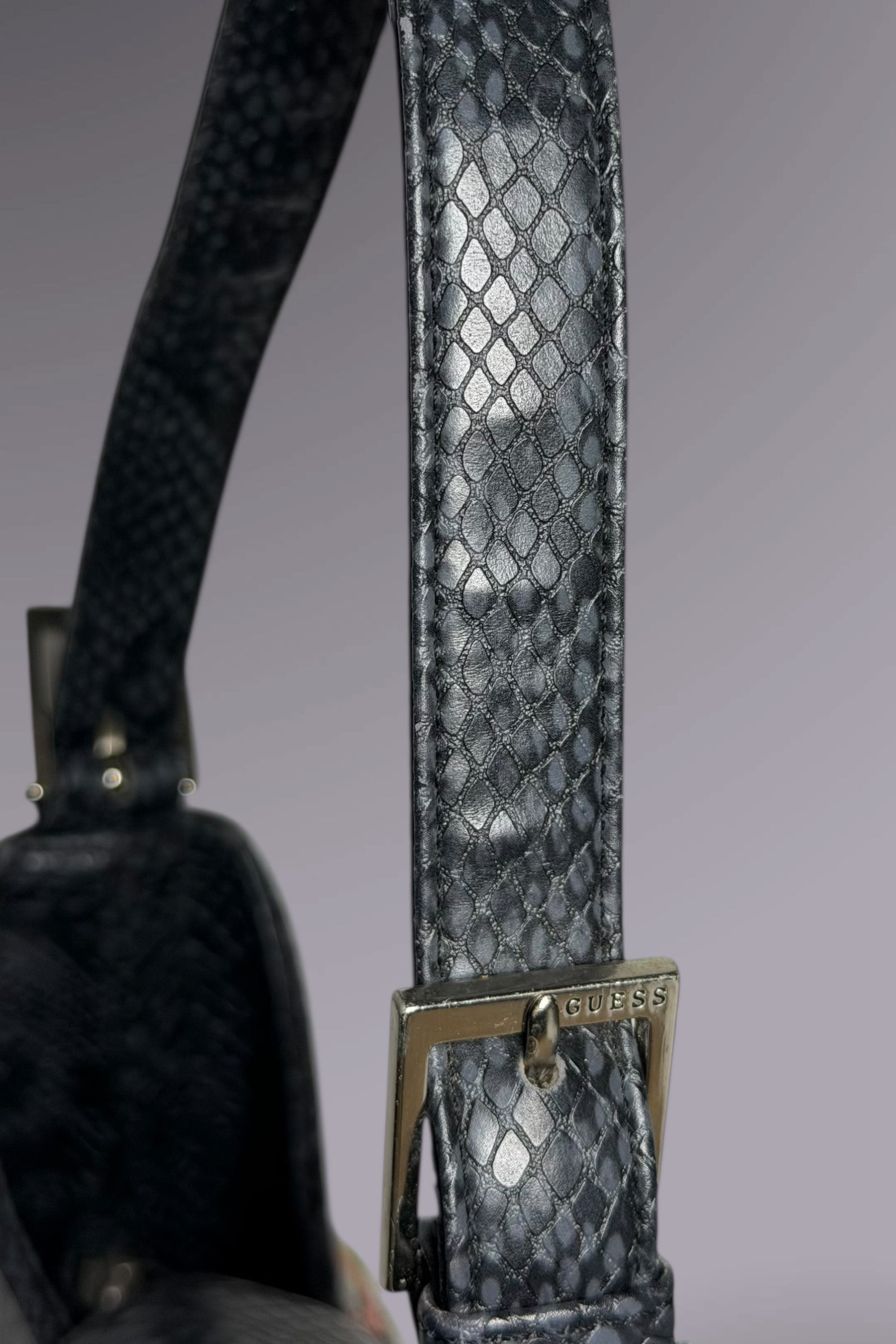 Guess Black Embroidered Python-Embossed Vegan Leather Bag | American Vintage