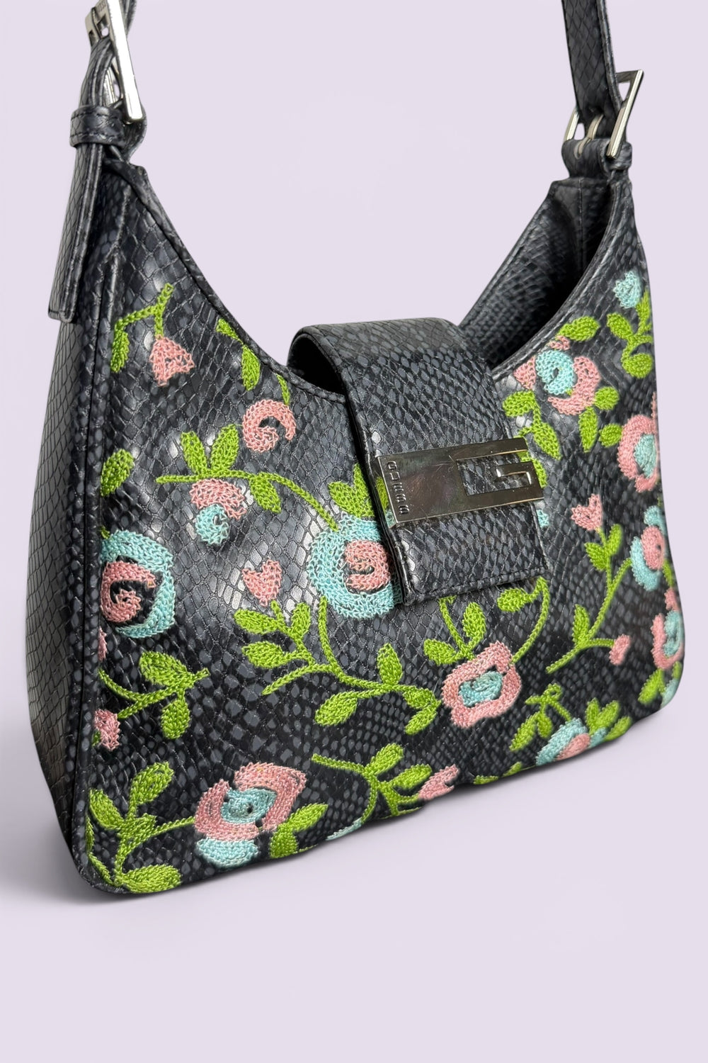 Guess Black Embroidered Python-Embossed Vegan Leather Bag | American Vintage