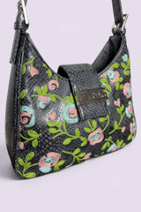 Guess Black Embroidered Python-Embossed Vegan Leather Bag | American Vintage
