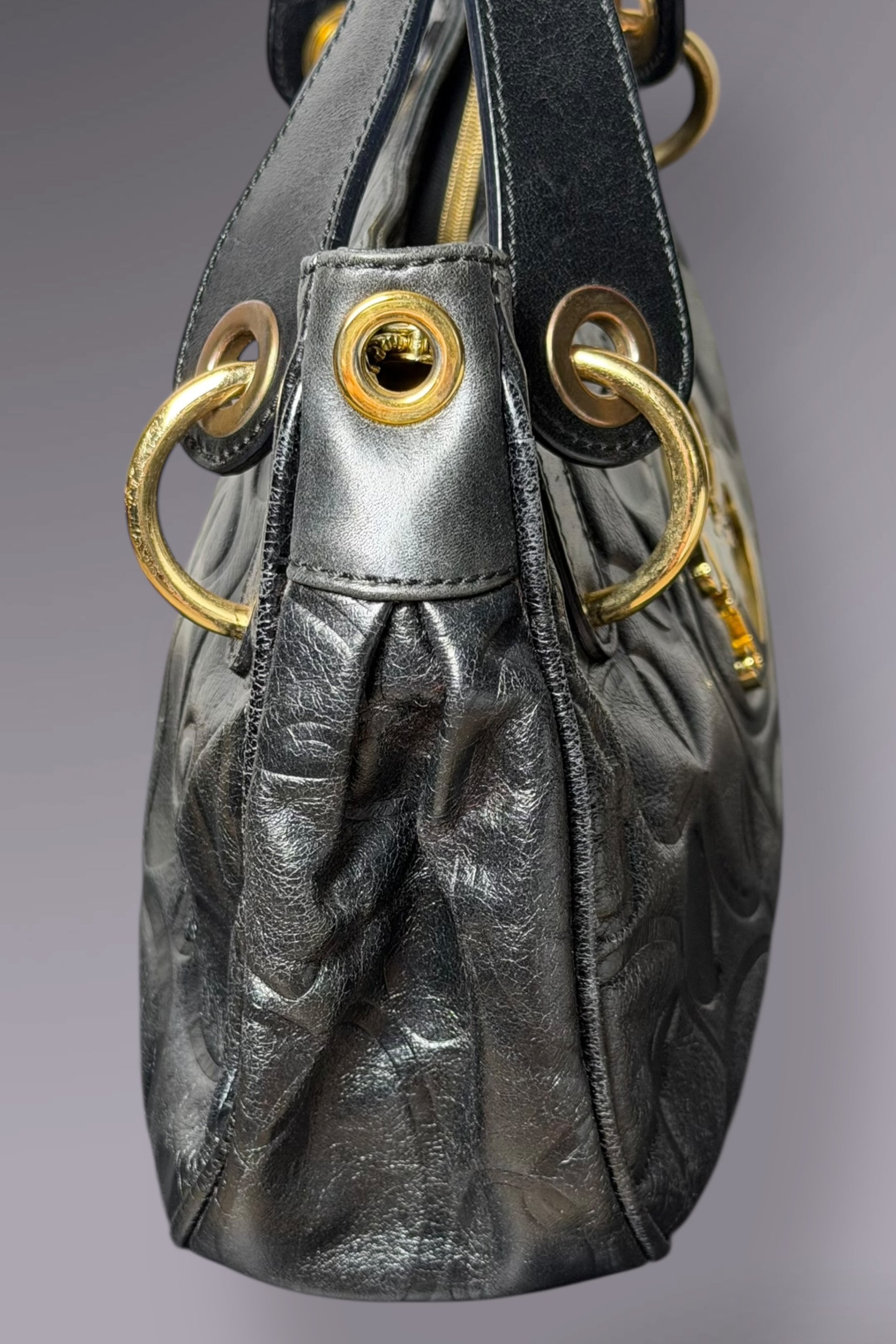 Braccialini Embossed Black Leather Shoulder Bag with Crossbody Strap | Italian Vintage