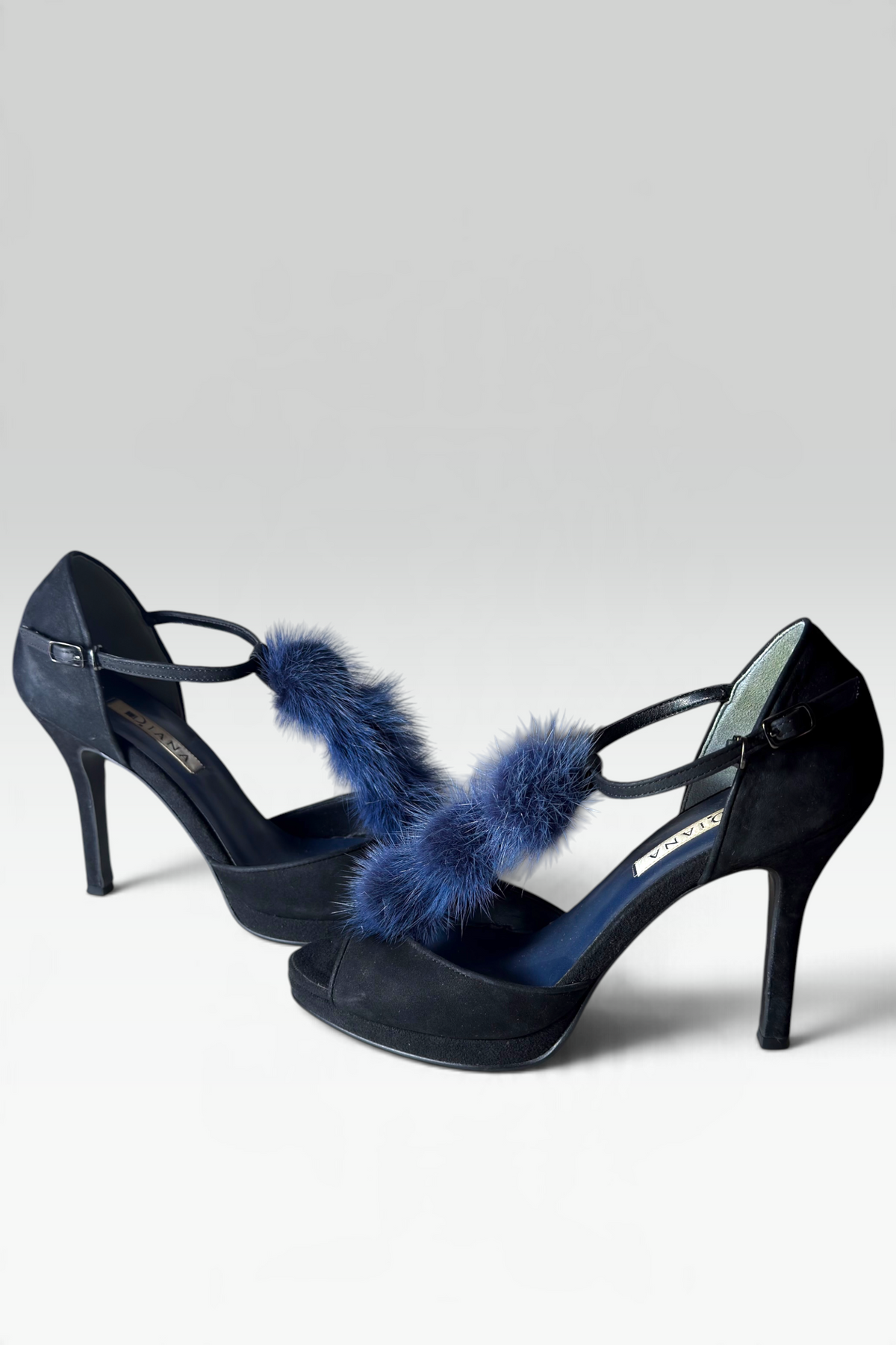 COMING SOON: DIANA BLACK SUEDE BLUE FUR T-STRAP PEEP-TOE HEELS | JAPANESE SECONDHAND
