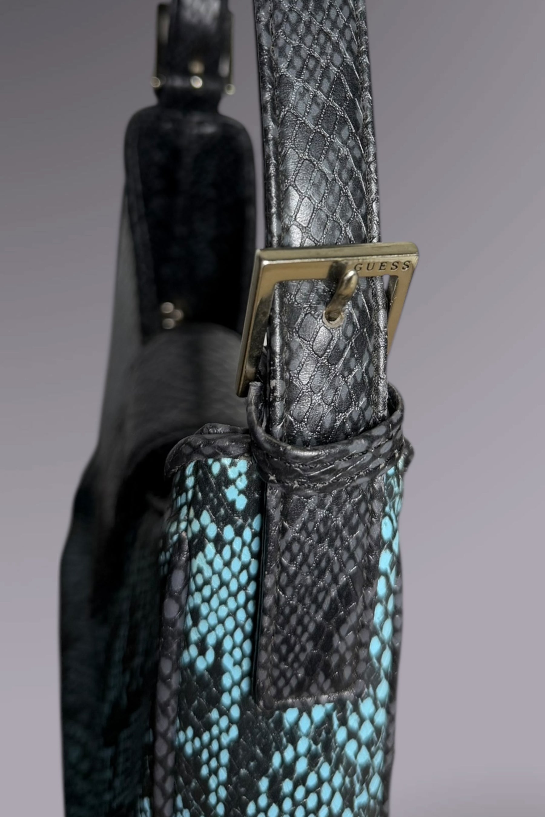 Guess Blue Embroidered Python-Embossed Vegan Leather Bag | American Vintage