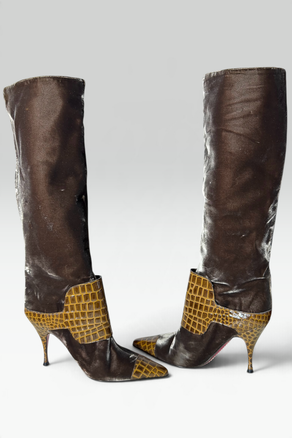 COMING SOON: EMANUEL UNGARO BROWN VELVET CROC-EMBOSSED STILETTO BOOTS | FRENCH SECONDHAND