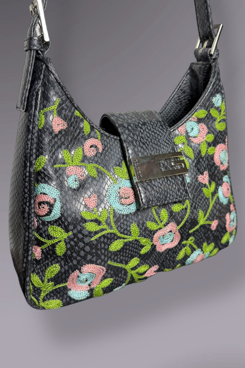 Guess Black Embroidered Python-Embossed Vegan Leather Bag | American Vintage