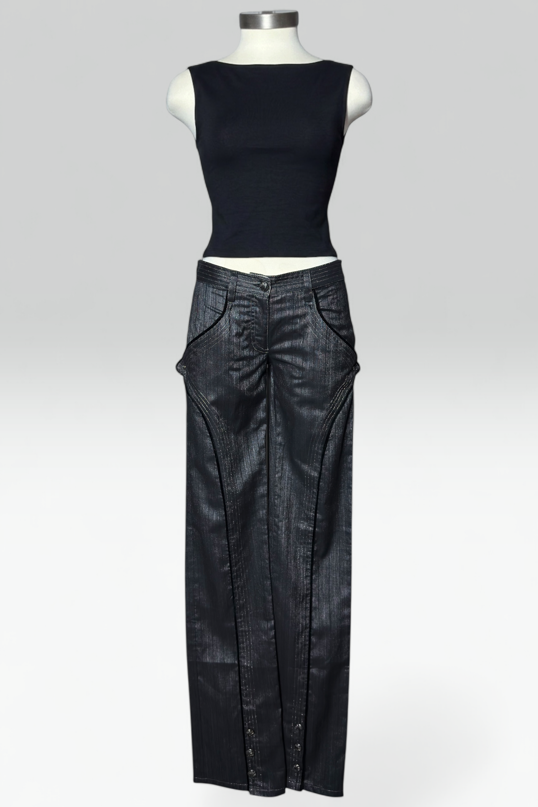 Coming soon: roberto cavalli Low-Rise Curved Panel metallic pinstripe pants