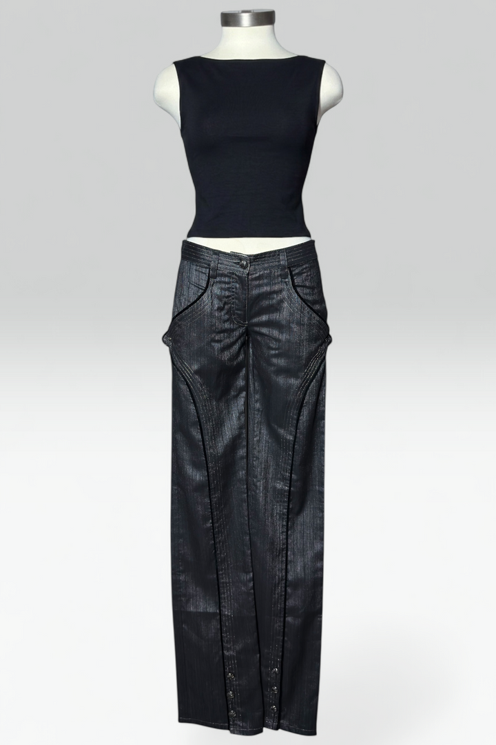 Coming soon: roberto cavalli Low-Rise Curved Panel metallic pinstripe pants