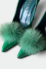 COMING SOON: DIANA AMOROSA GREEN OSTRICH-TEXTURED FUR POMPOM PUMPS | JAPANESE SECONDHAND