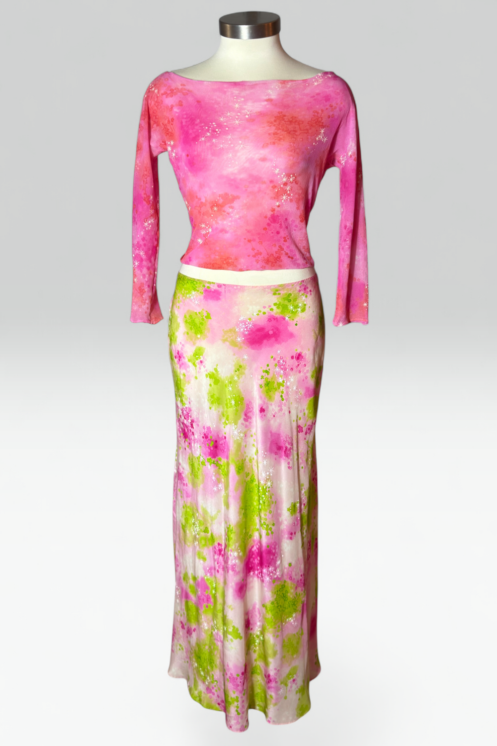 Coming soon: moschino abstract watercolor print mesh top & silk skirt set