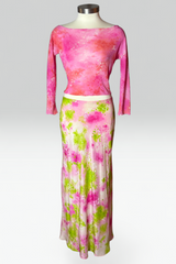 Coming soon: moschino abstract watercolor print mesh top & silk skirt set