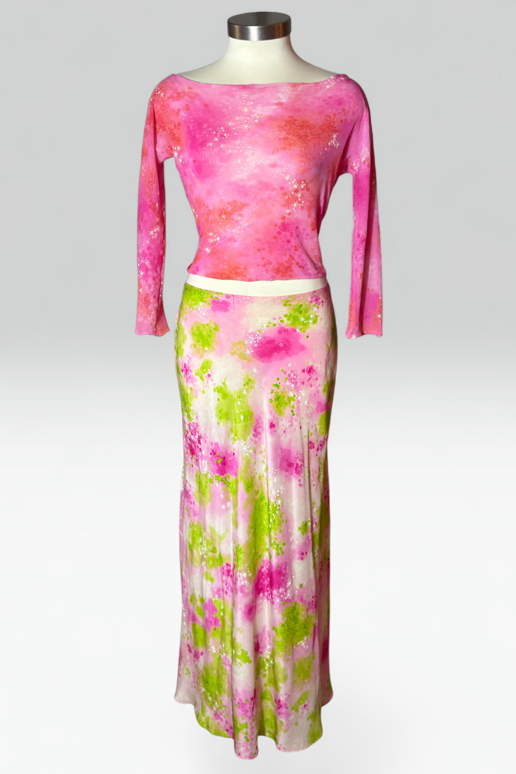 Coming soon: moschino abstract watercolor print mesh top & silk skirt set