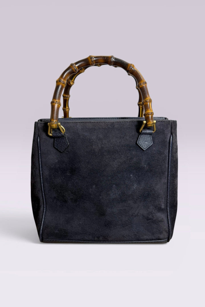 Gucci Bamboo Handle Navy Suede Tote Bag | Italian Vintage
