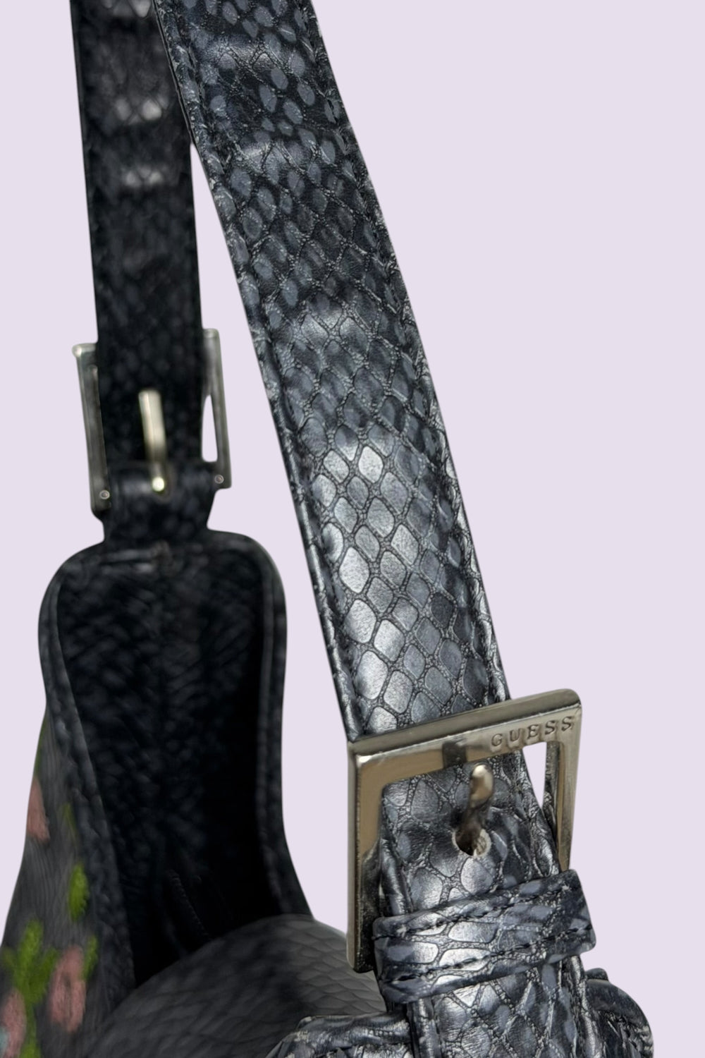 Guess Black Embroidered Python-Embossed Vegan Leather Bag | American Vintage