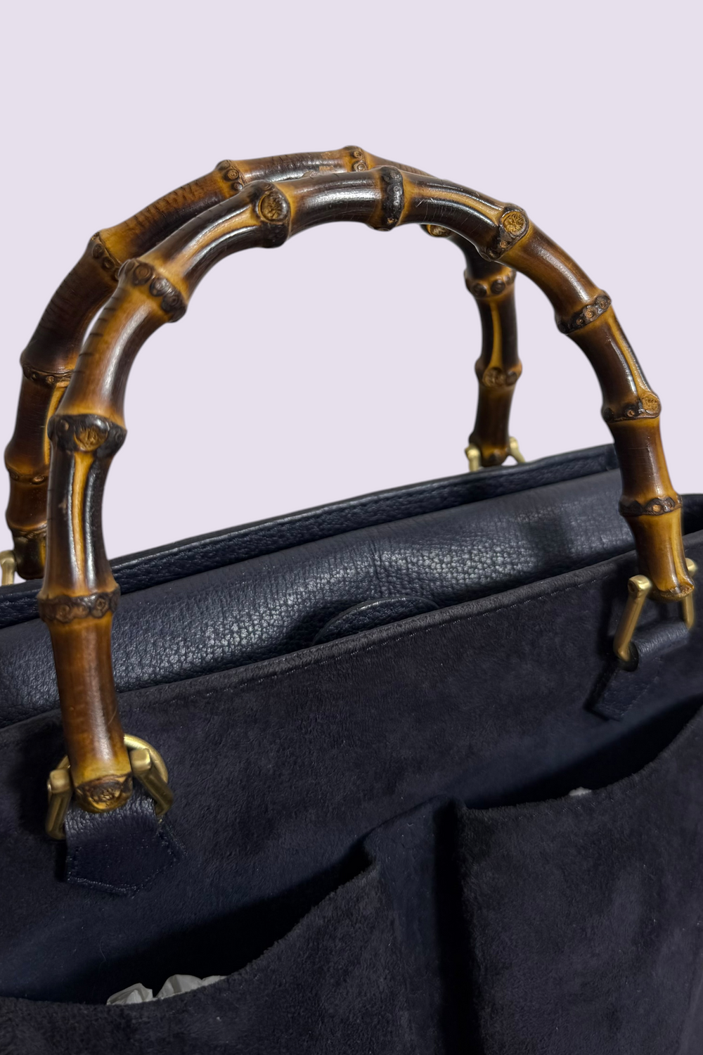 Gucci Bamboo Handle Navy Suede Tote Bag | Italian Vintage