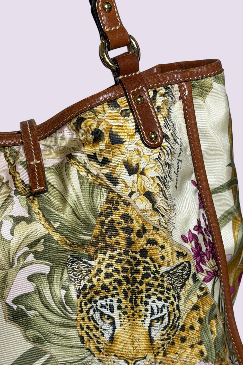 Salvatore Ferragamo Reversible Jungle Print Nylon & Perforated Leather Tote | Italian Secondhand