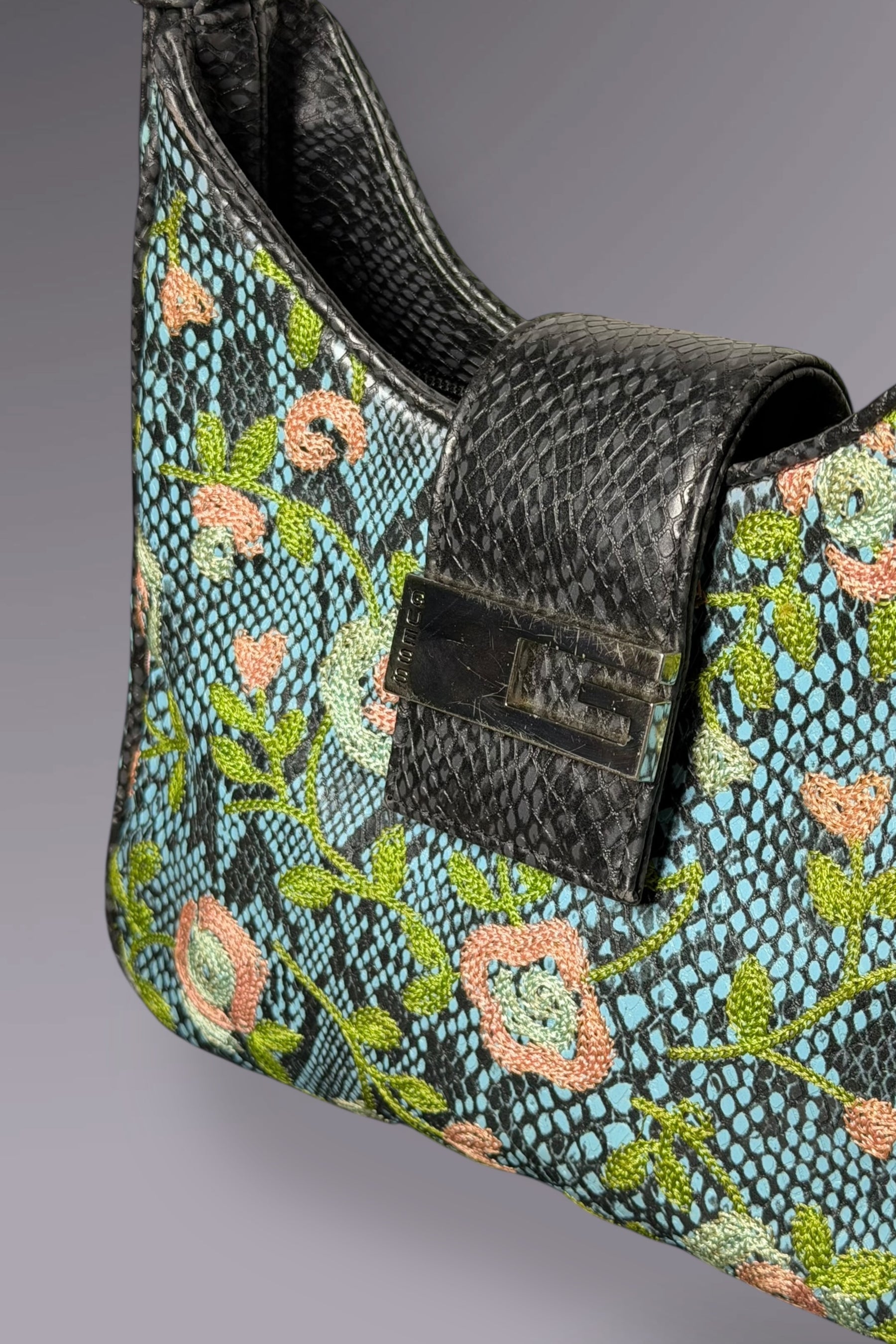 Guess Blue Embroidered Python-Embossed Vegan Leather Bag | American Vintage