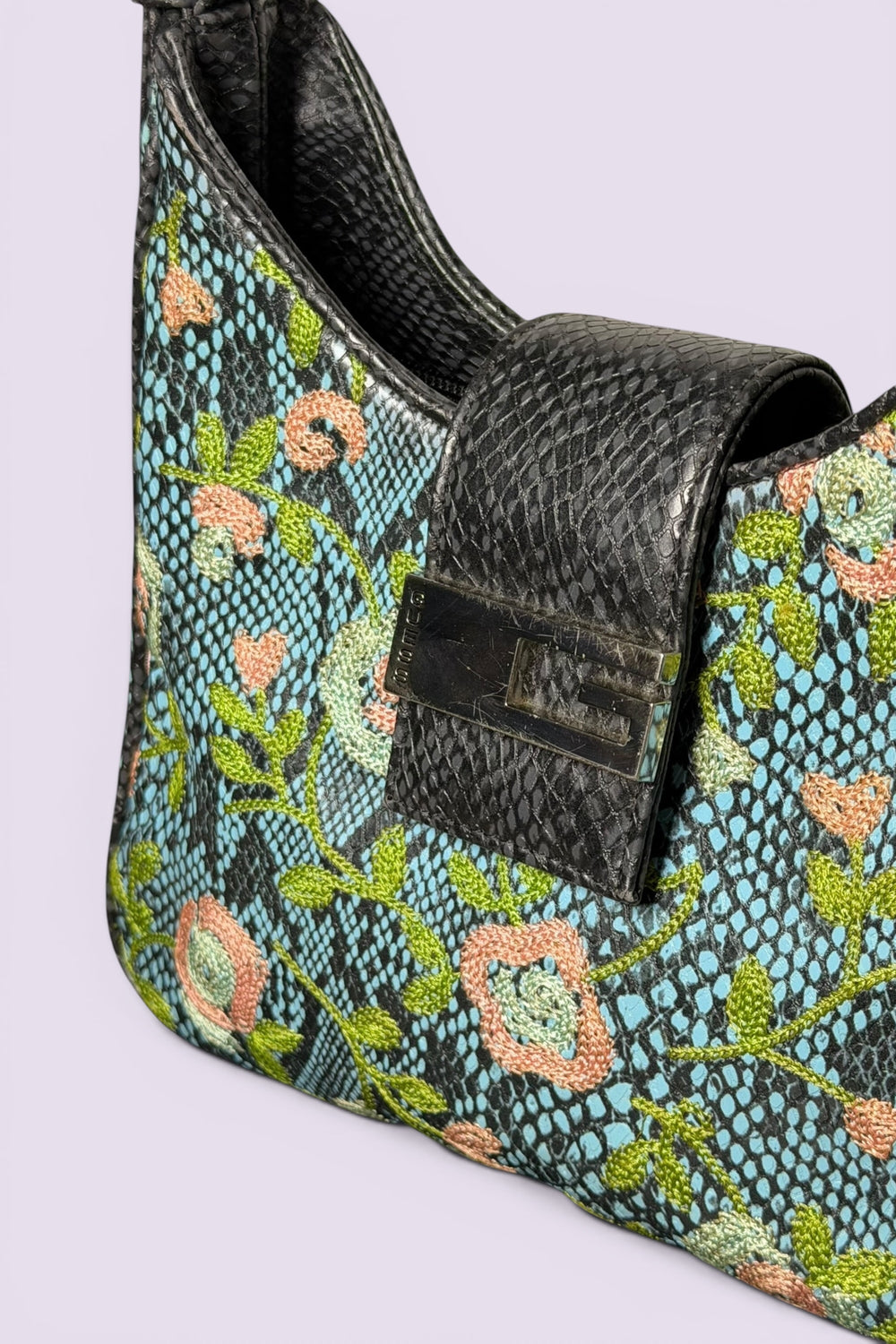 Guess Blue Embroidered Python-Embossed Vegan Leather Bag | American Vintage