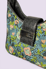 Guess Blue Embroidered Python-Embossed Vegan Leather Bag | American Vintage