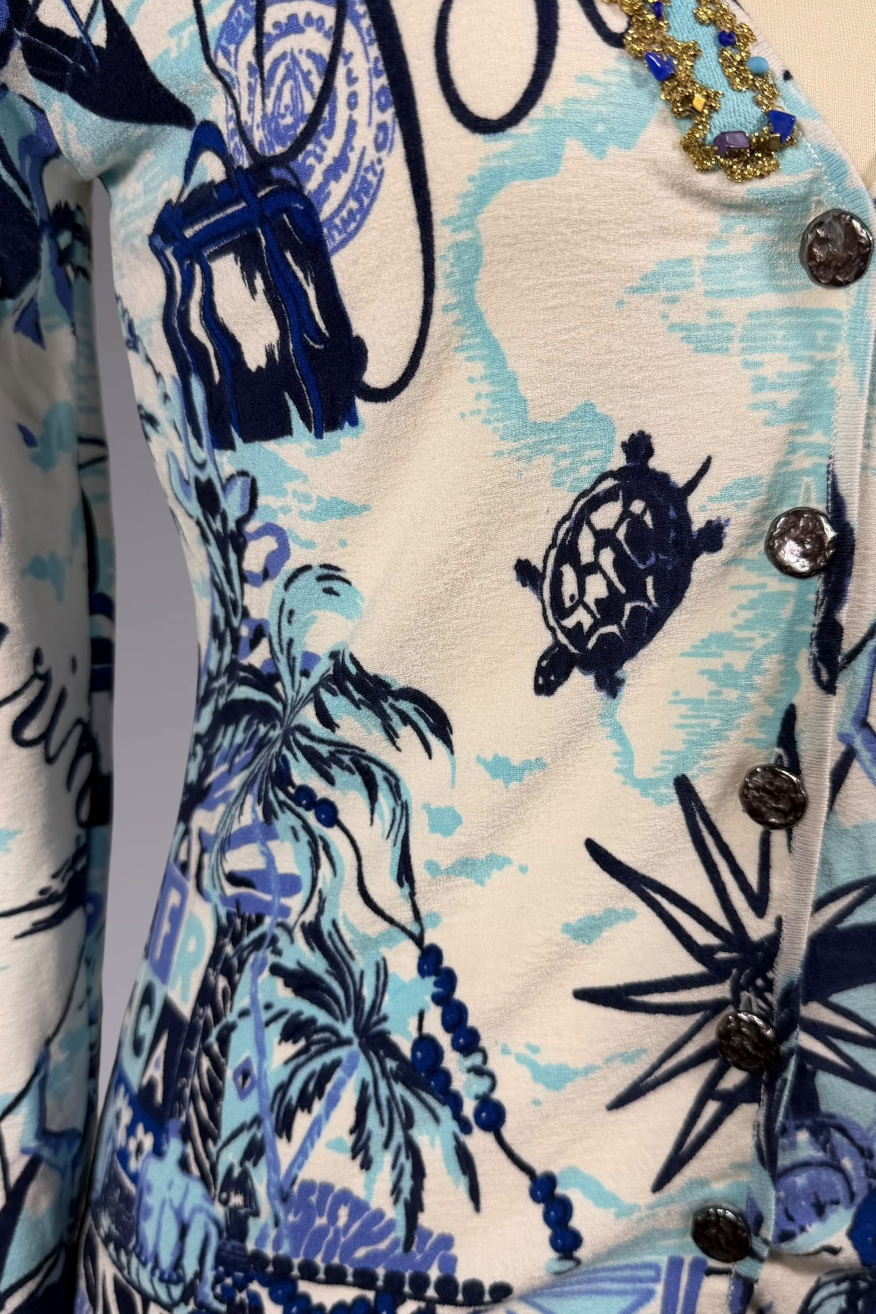 Blumarine Beaded Travel Print Cardigan | Italian Vintage