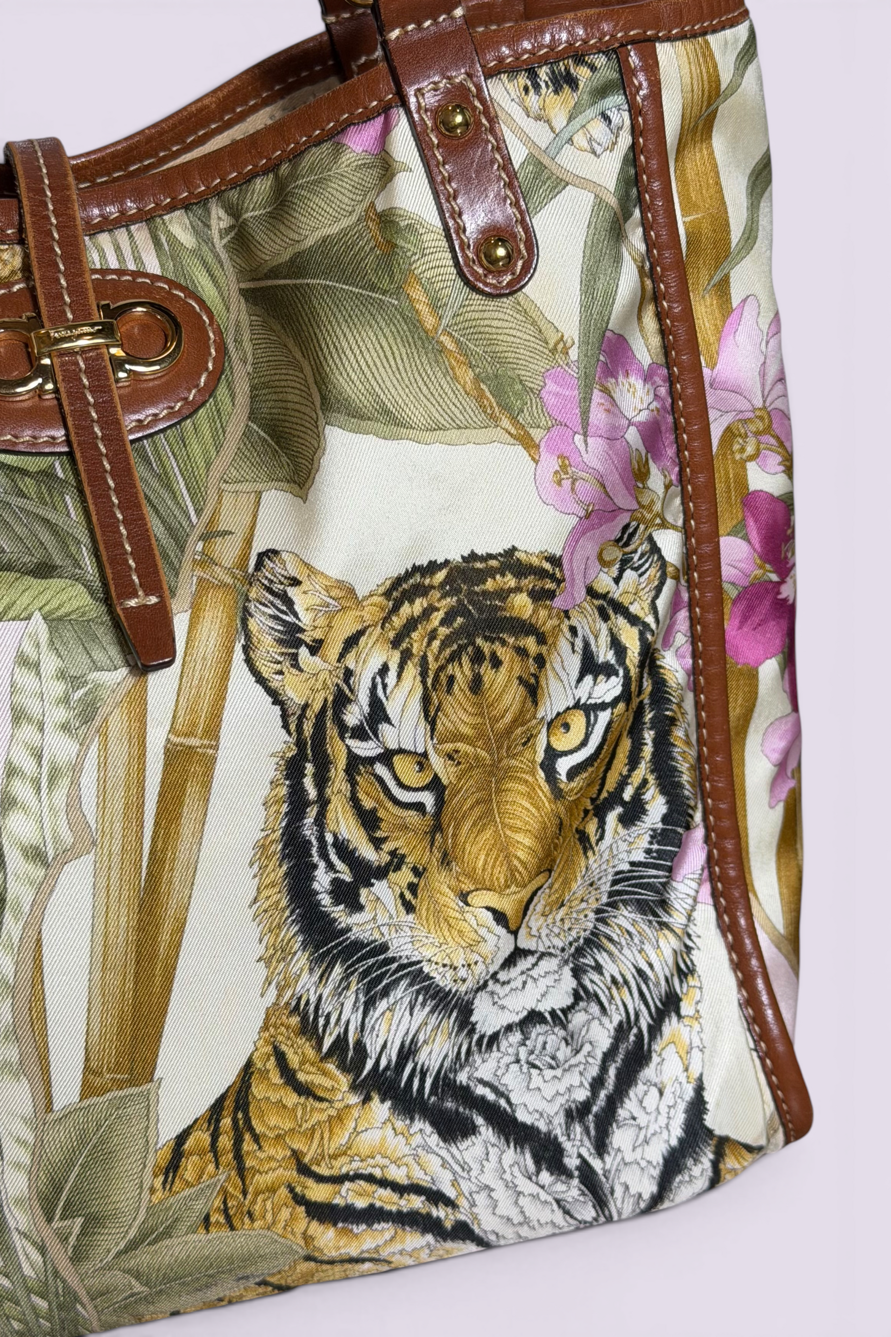 Salvatore Ferragamo Reversible Jungle Print Nylon & Perforated Leather Tote | Italian Secondhand