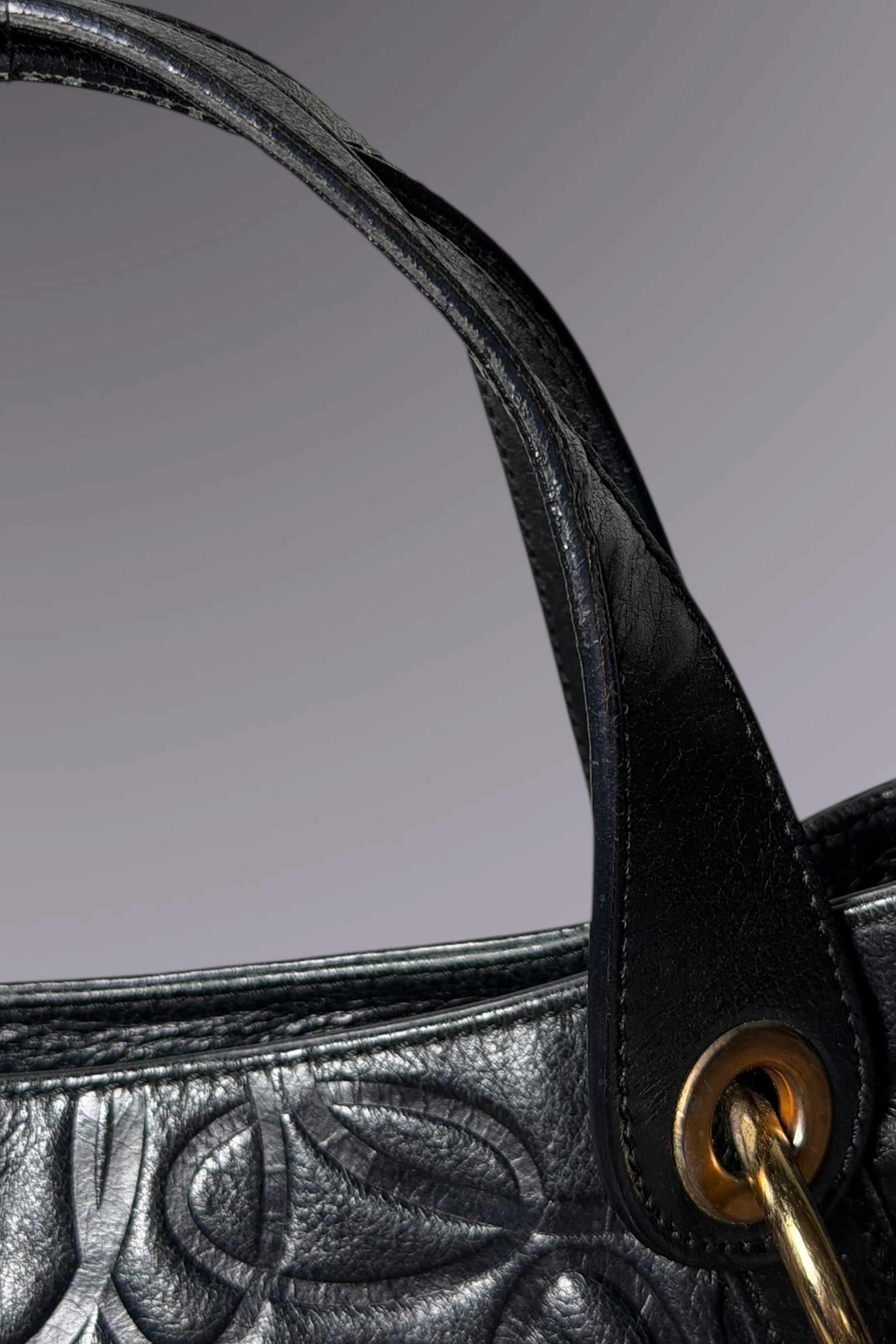 Braccialini Embossed Black Leather Shoulder Bag with Crossbody Strap | Italian Vintage