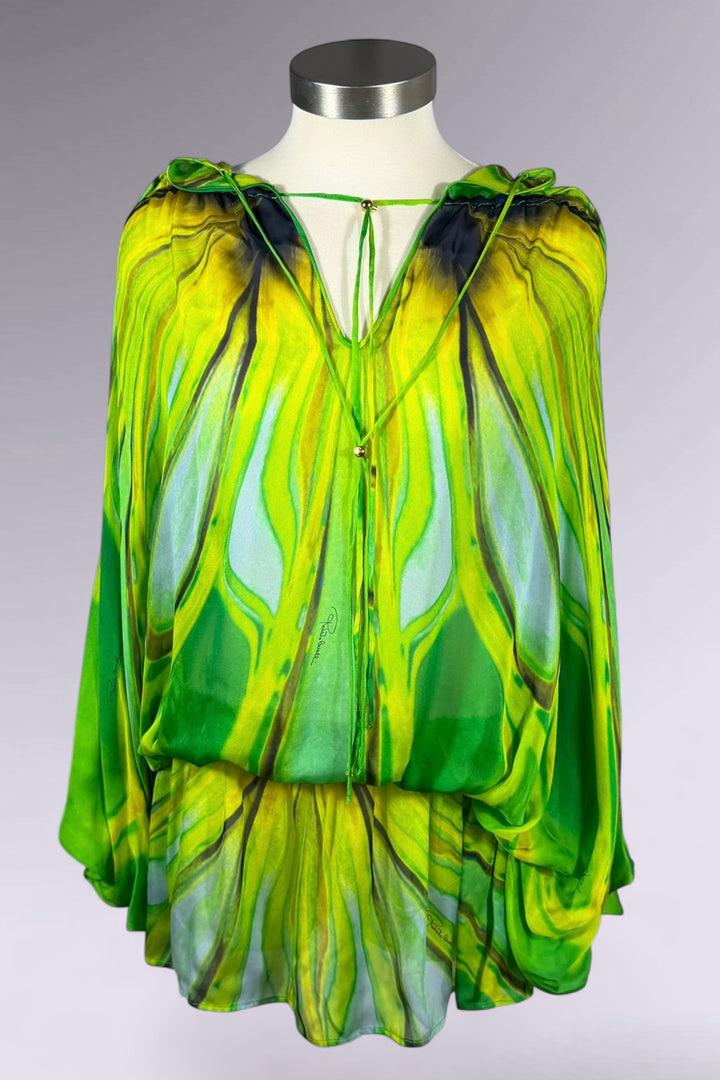 Roberto Cavalli 1996 Green Abstract Silk Hooded Tunic | Italian Vintage