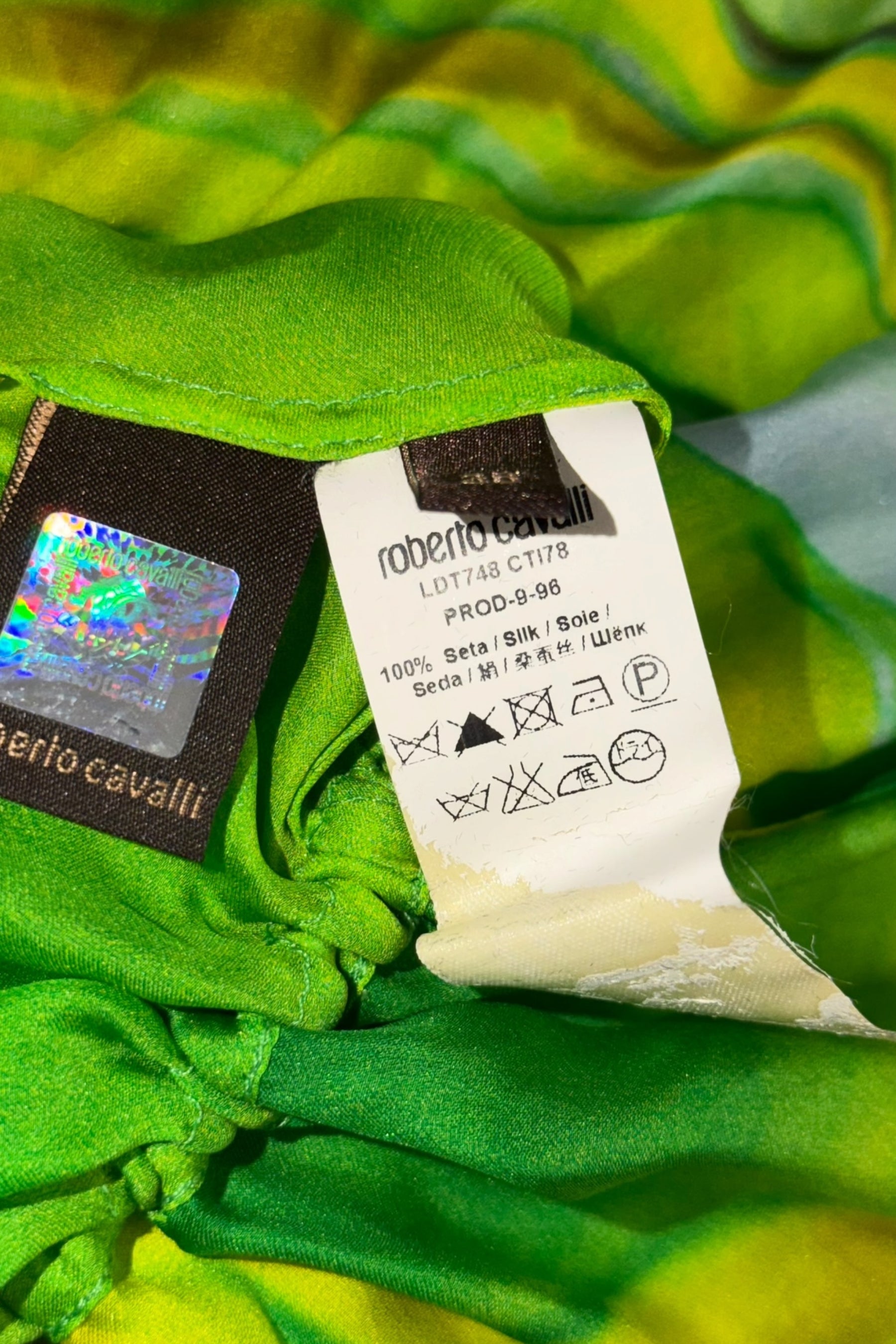 Roberto Cavalli 1996 Green Abstract Silk Hooded Tunic | Italian Vintage
