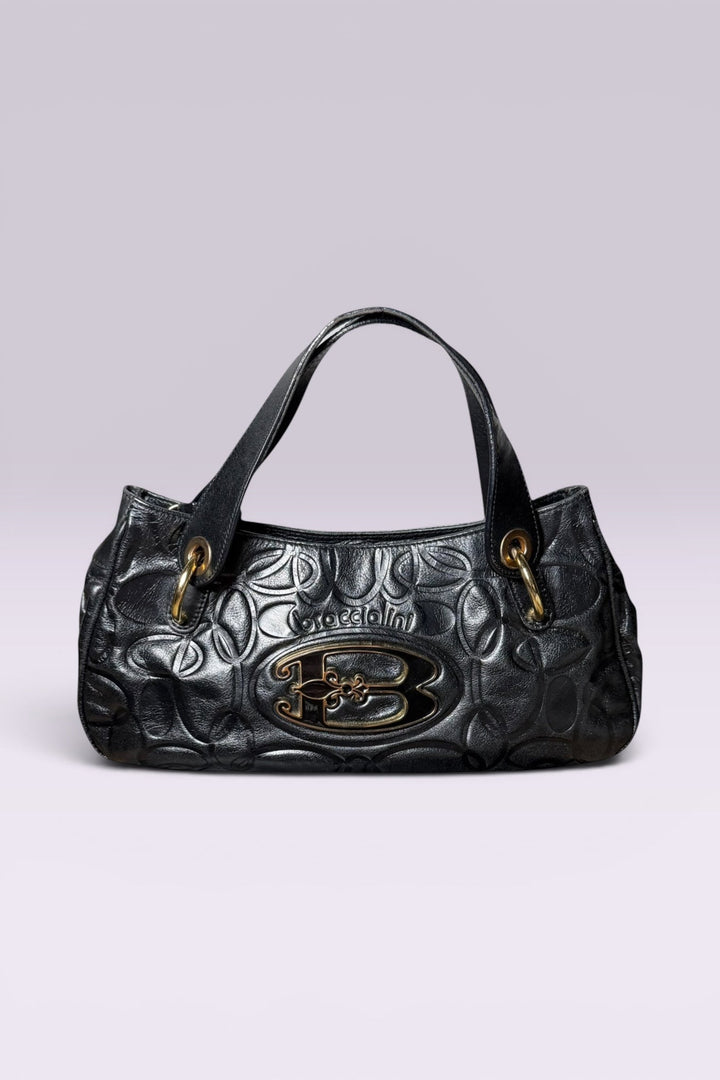 Braccialini Embossed Black Leather Shoulder Bag with Crossbody Strap | Italian Vintage