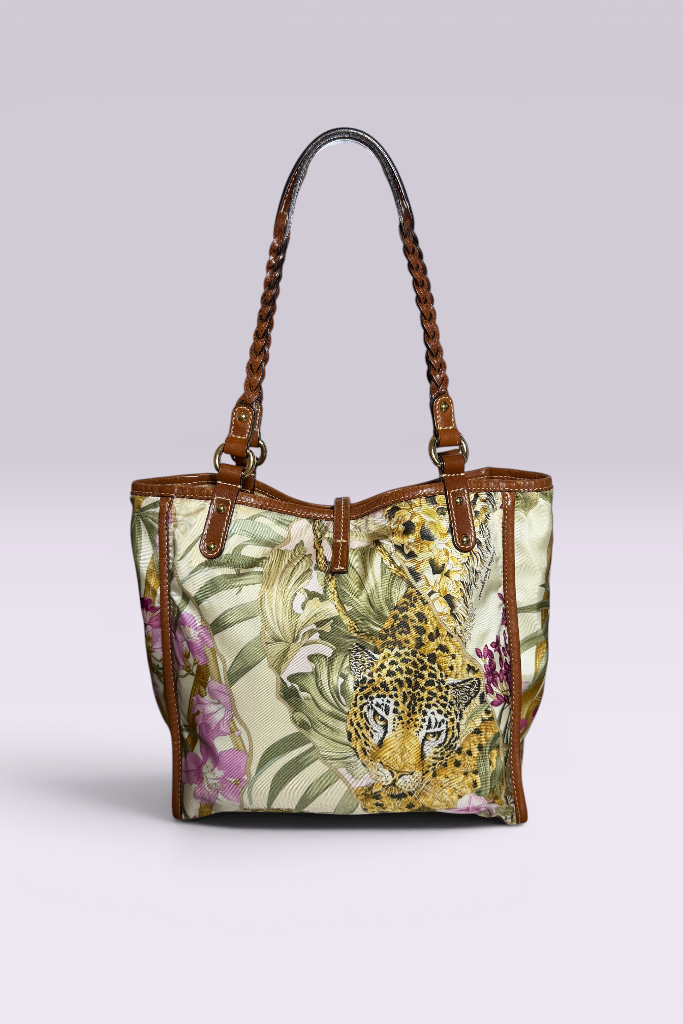 Salvatore Ferragamo Reversible Jungle Print Nylon & Perforated Leather Tote | Italian Secondhand