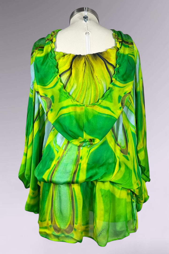 Roberto Cavalli 1996 Green Abstract Silk Hooded Tunic | Italian Vintage