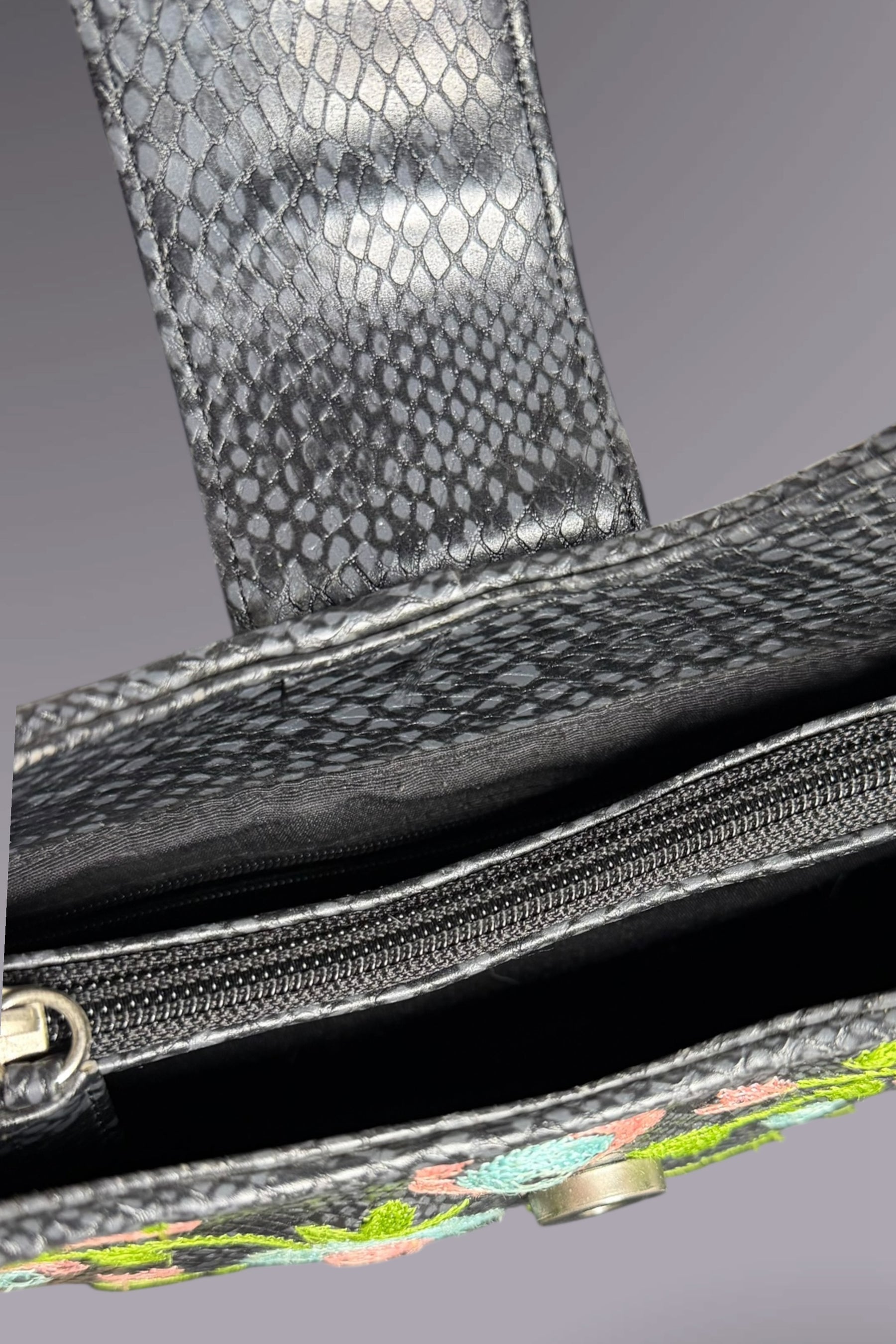 Guess Black Embroidered Python-Embossed Vegan Leather Bag | American Vintage