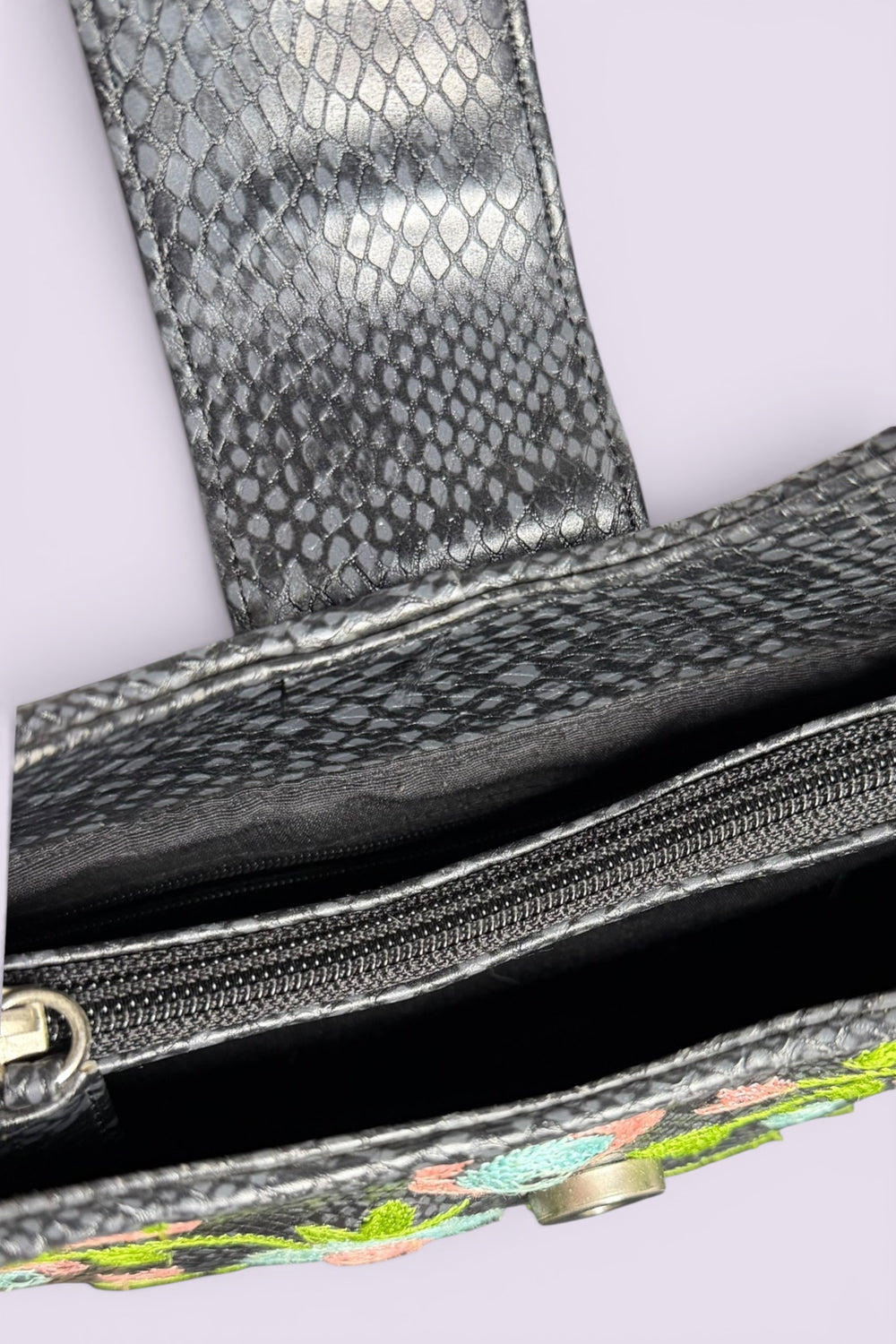 Guess Black Embroidered Python-Embossed Vegan Leather Bag | American Vintage