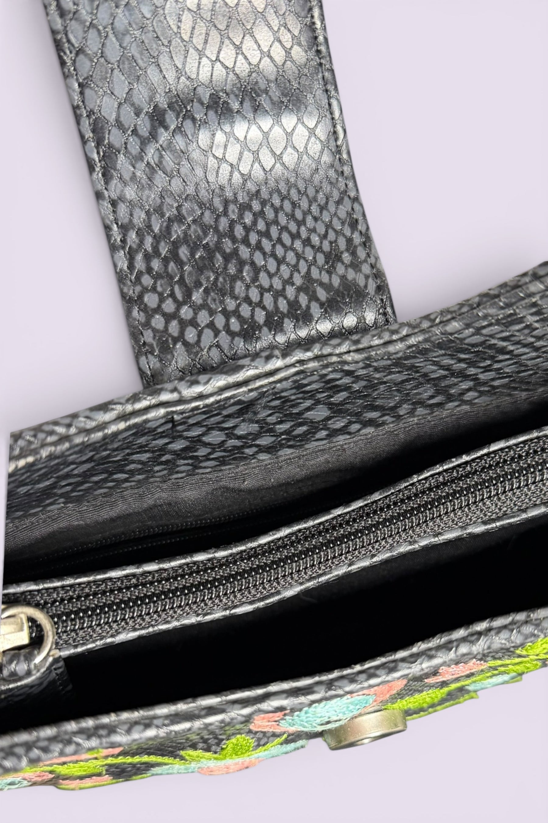 Guess Black Embroidered Python-Embossed Vegan Leather Bag | American Vintage