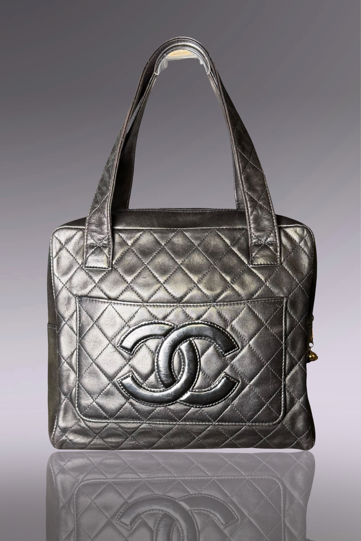 Chanel Late 90s Black Quilted Zip Tote | French Designer Vintage