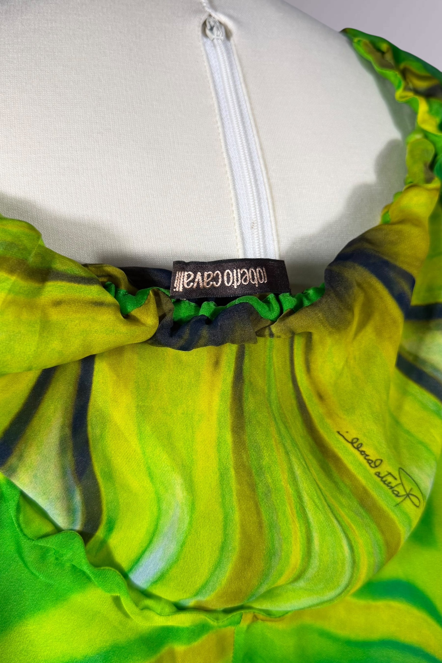 Roberto Cavalli 1996 Green Abstract Silk Hooded Tunic | Italian Vintage