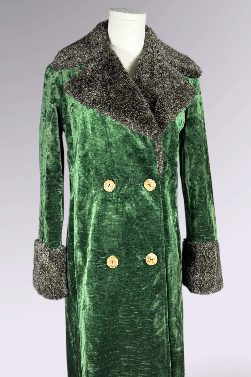 Anna Sui FW 1996 Green Velvet Maxi Coat with Faux Fur Trim | Runway Archive
