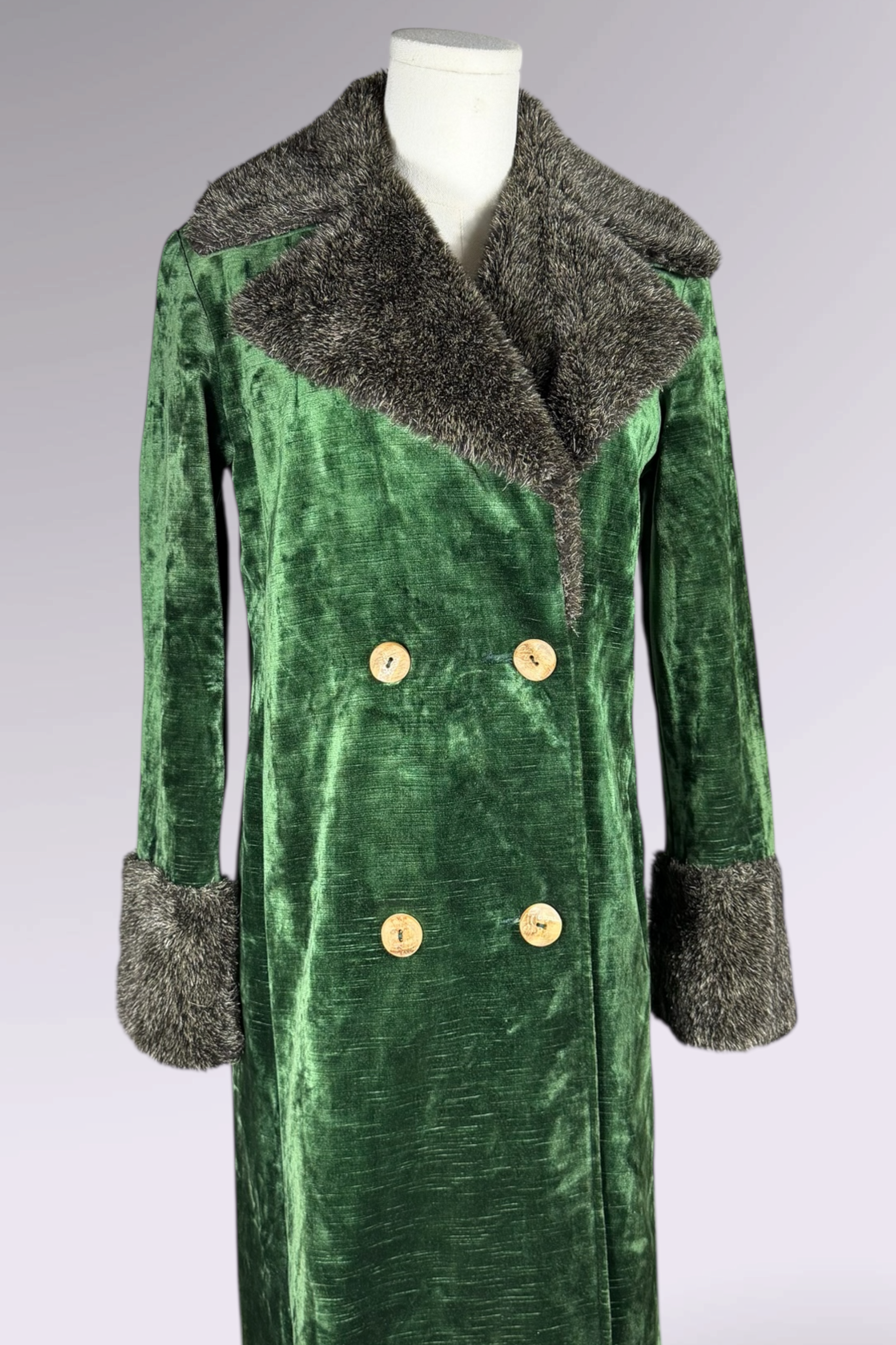 Anna Sui FW 1996 Green Velvet Maxi Coat with Faux Fur Trim | Runway Archive