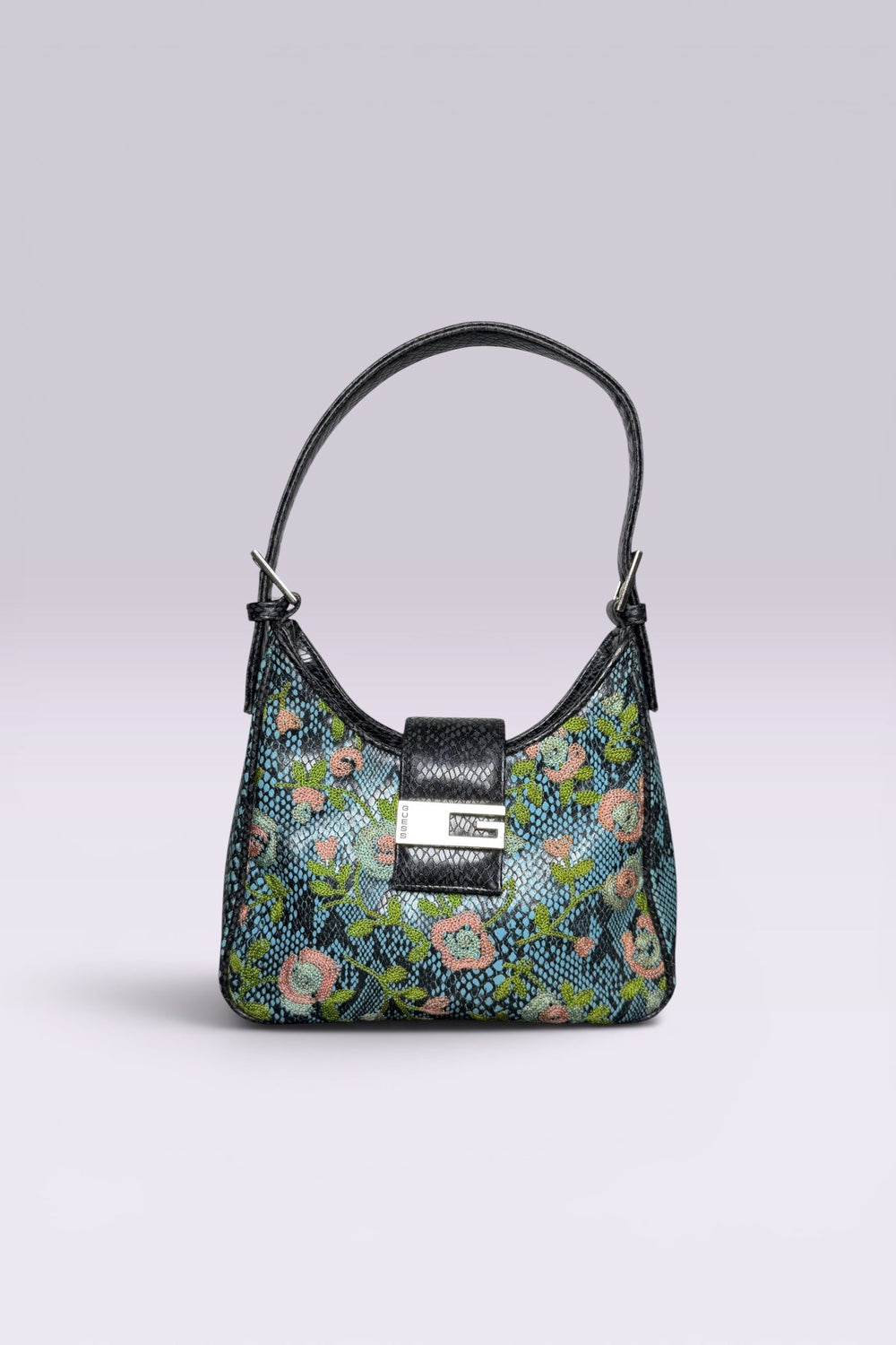 Guess Blue Embroidered Python-Embossed Vegan Leather Bag | American Vintage