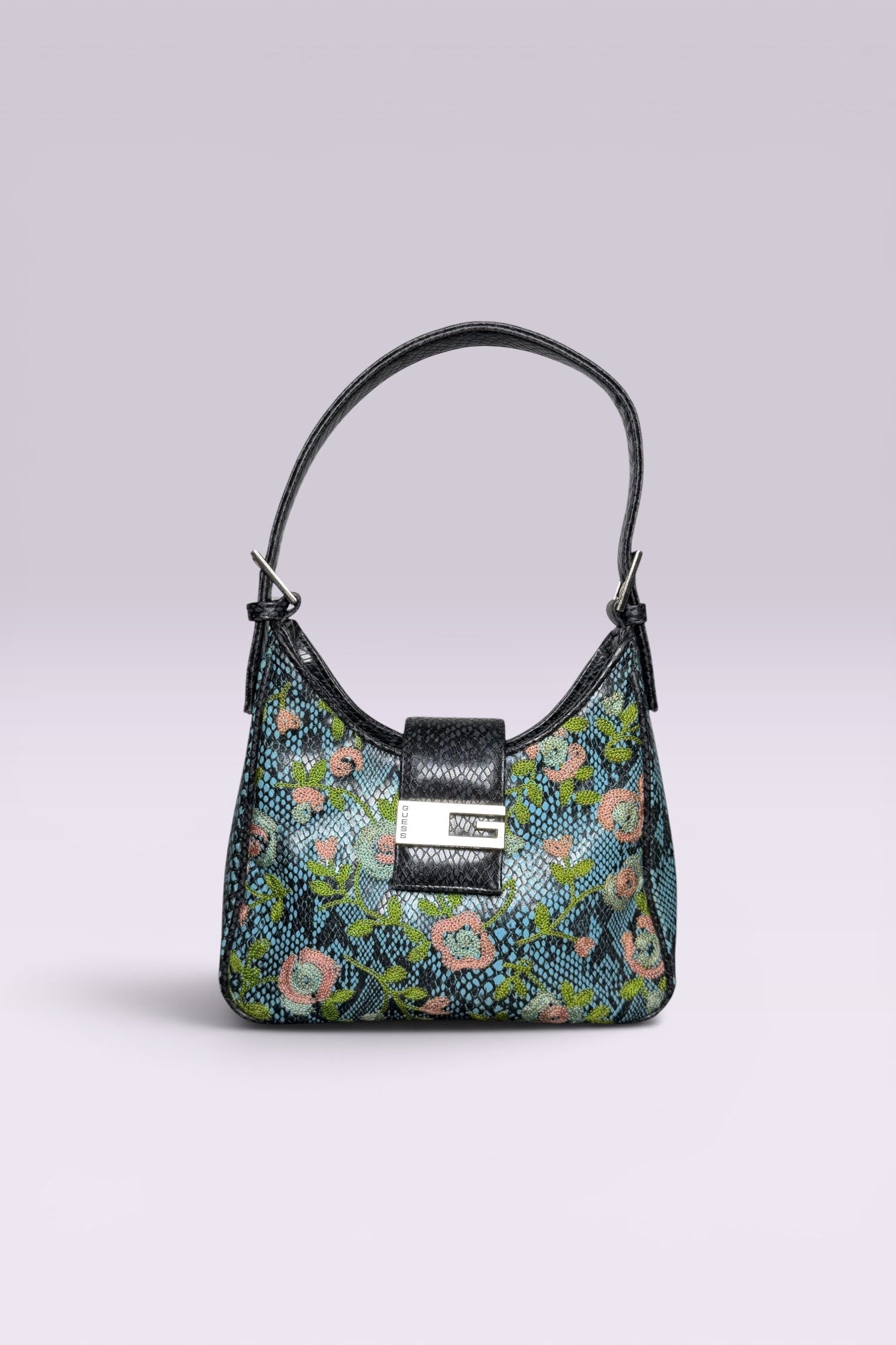 Guess Blue Embroidered Python-Embossed Vegan Leather Bag | American Vintage