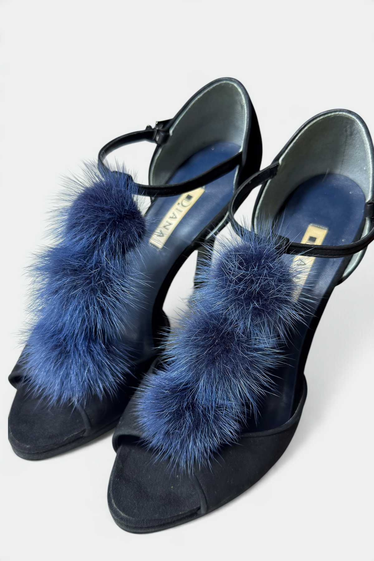 COMING SOON: DIANA BLACK SUEDE BLUE FUR T-STRAP PEEP-TOE HEELS | JAPANESE SECONDHAND