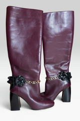 COMING SOON: TORY BURCH PLUM LEATHER FLORAL CHAIN KNEE-HIGH BOOTS | AMERICAN SECONDHAND