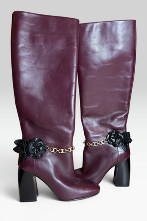 COMING SOON: TORY BURCH PLUM LEATHER FLORAL CHAIN KNEE-HIGH BOOTS | AMERICAN SECONDHAND