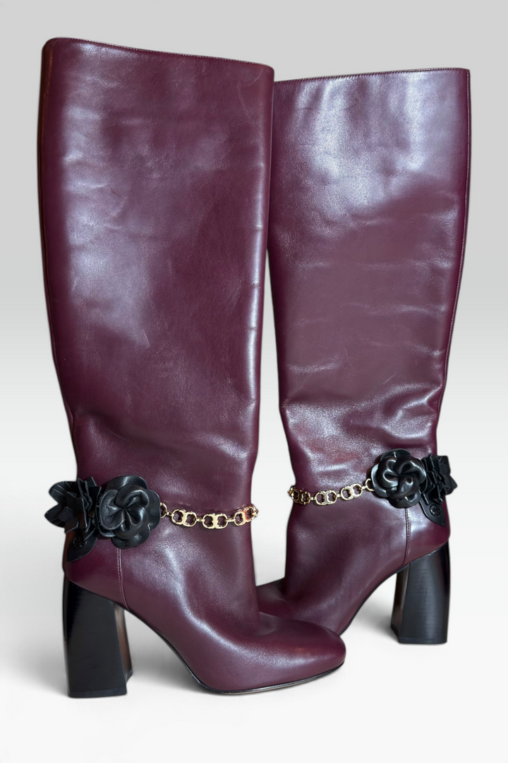 COMING SOON: TORY BURCH PLUM LEATHER FLORAL CHAIN KNEE-HIGH BOOTS | AMERICAN SECONDHAND
