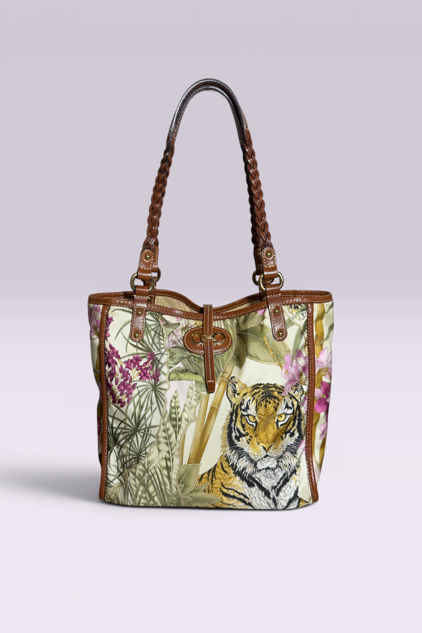 Salvatore Ferragamo Reversible Jungle Print Nylon & Perforated Leather Tote | Italian Secondhand