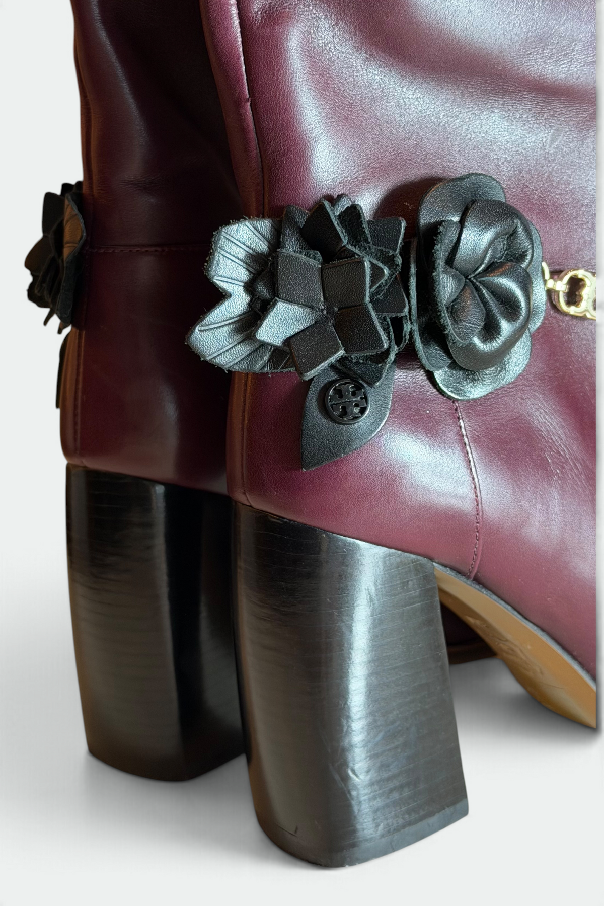 COMING SOON: TORY BURCH PLUM LEATHER FLORAL CHAIN KNEE-HIGH BOOTS | AMERICAN SECONDHAND