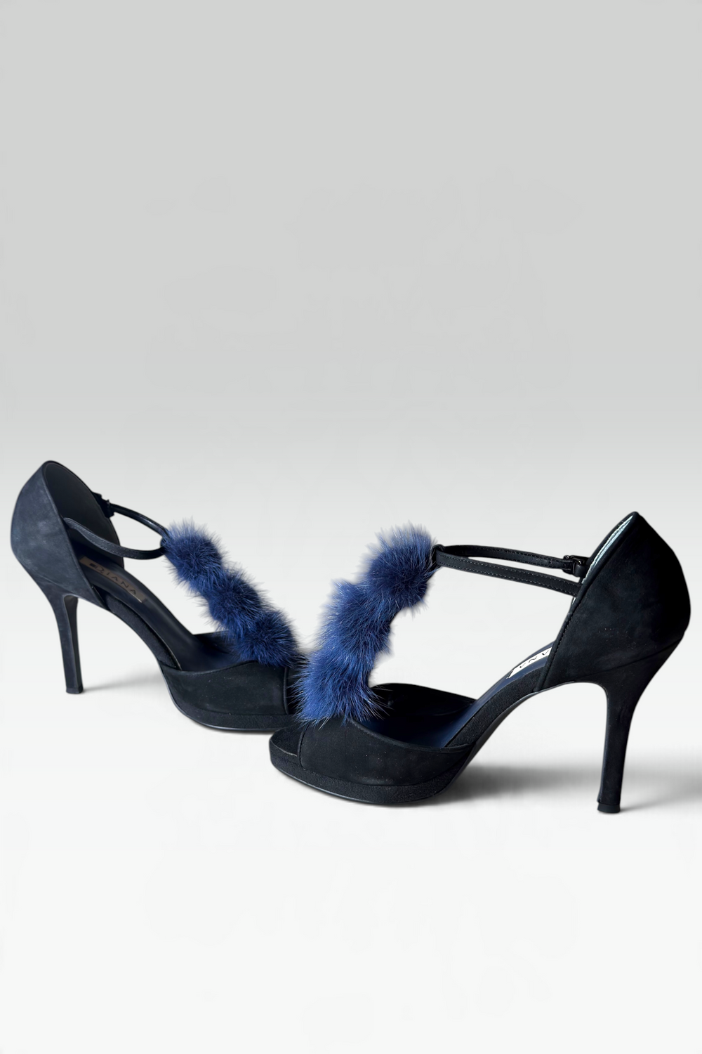 COMING SOON: DIANA BLACK SUEDE BLUE FUR T-STRAP PEEP-TOE HEELS | JAPANESE SECONDHAND