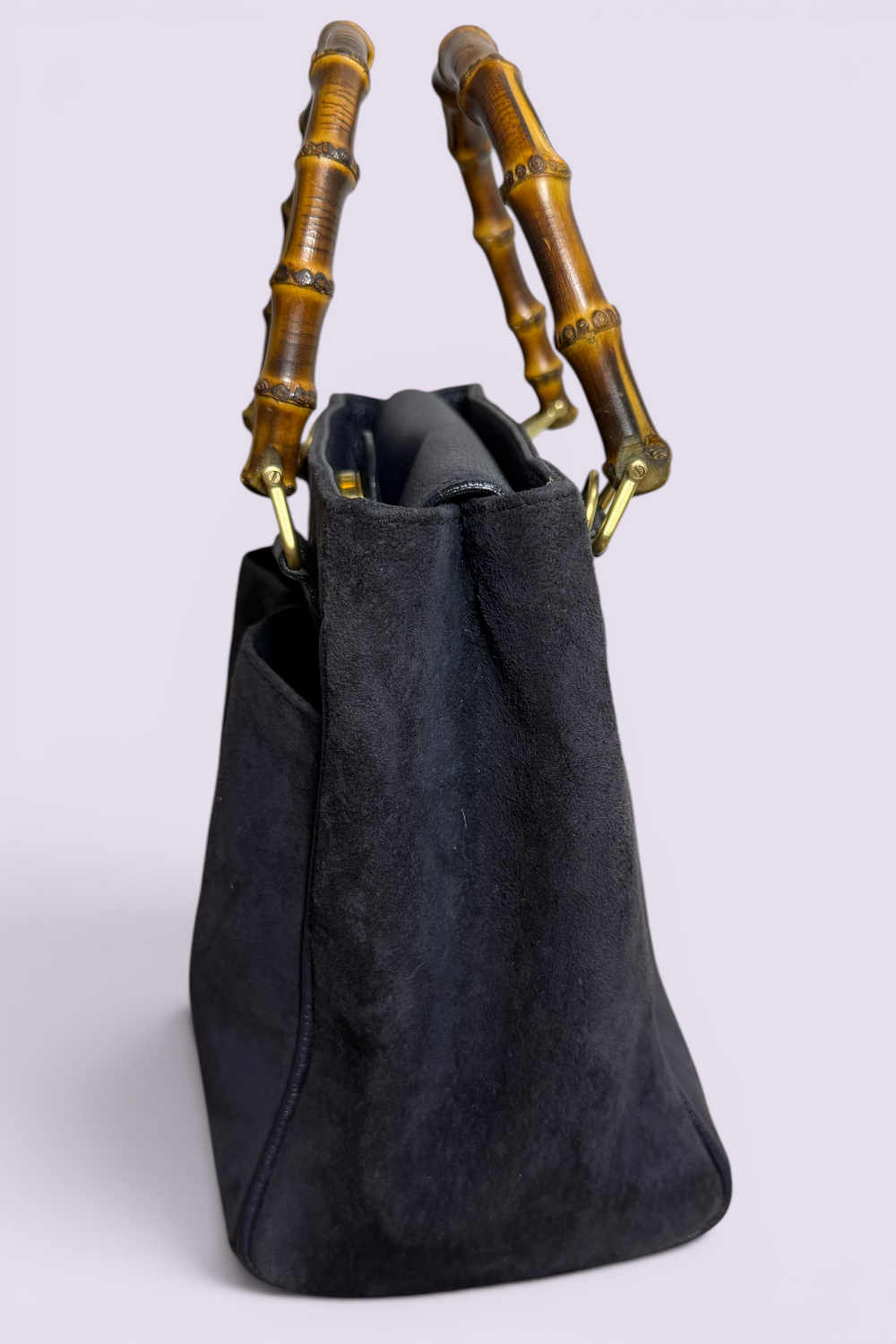 Gucci Bamboo Handle Navy Suede Tote Bag | Italian Vintage