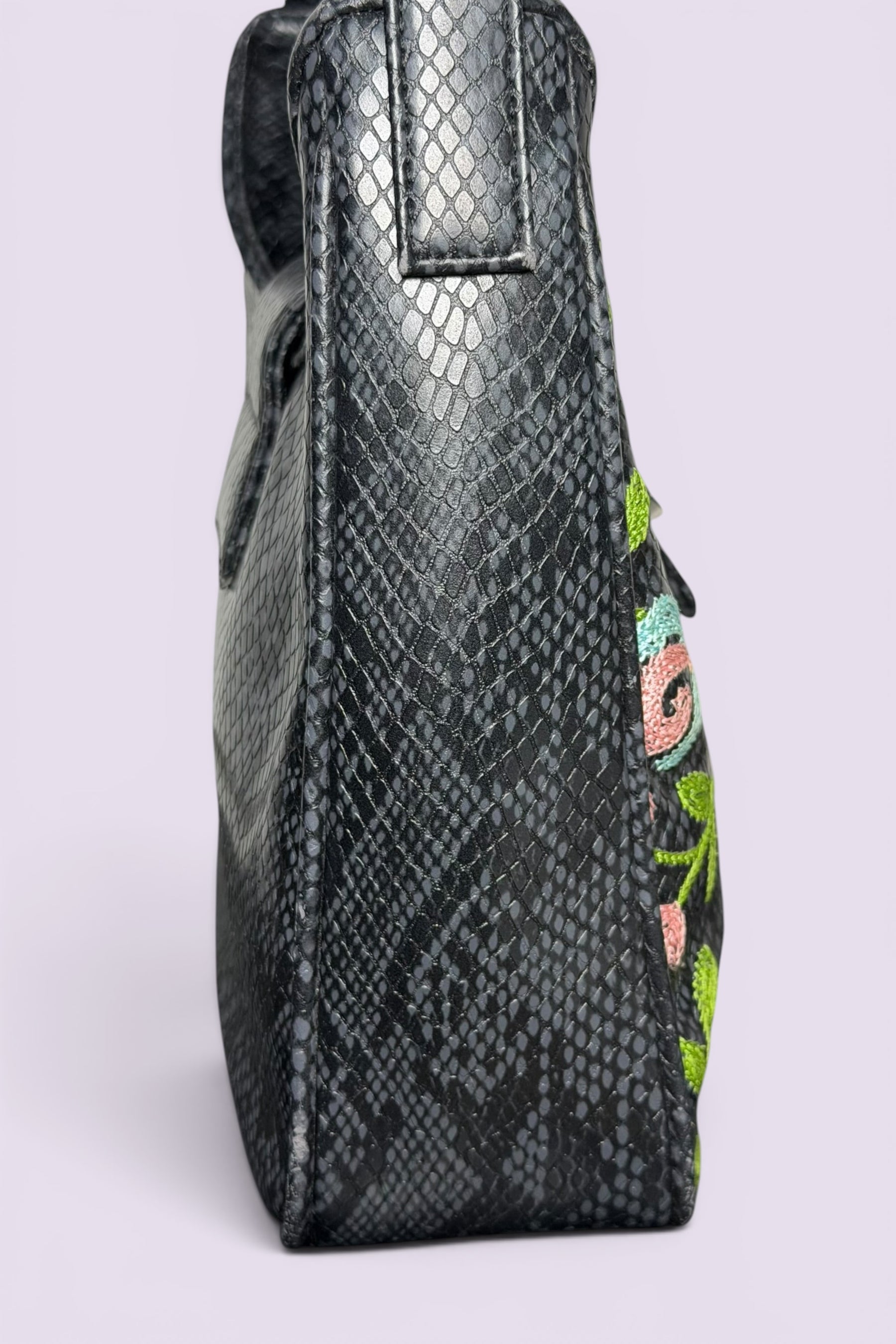 Guess Black Embroidered Python-Embossed Vegan Leather Bag | American Vintage
