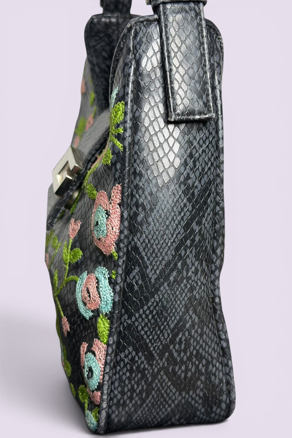 Guess Black Embroidered Python-Embossed Vegan Leather Bag | American Vintage